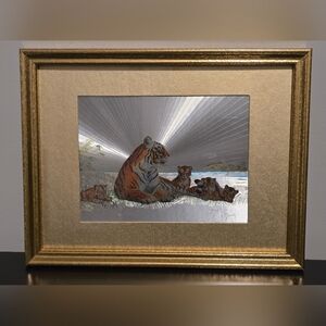 Josephine Marsh Holographic Foil Paper Of Tiger Cubs 10" x 13" Gold Frame